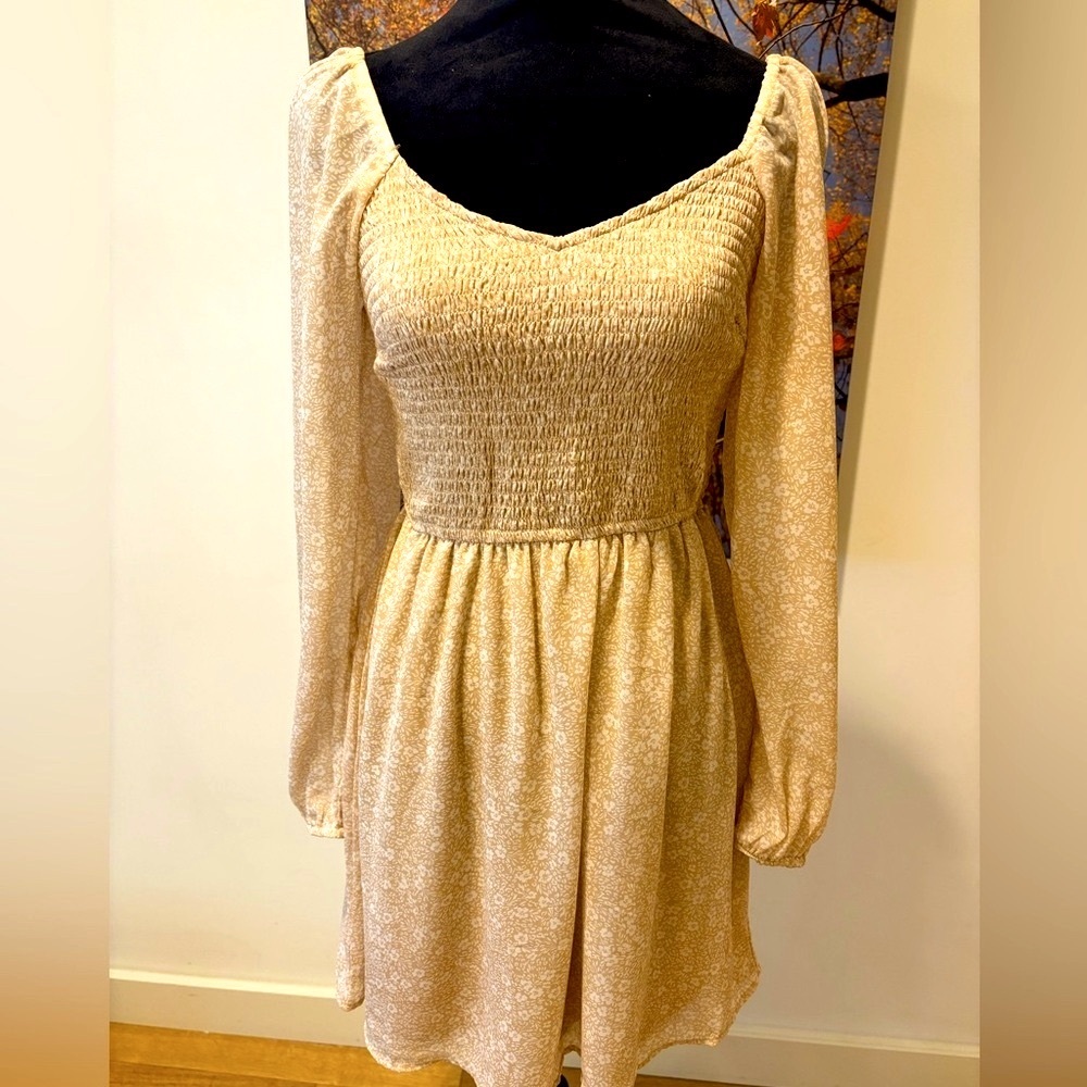 Japna Cream Smocked Sundress with Bishop Sleeves